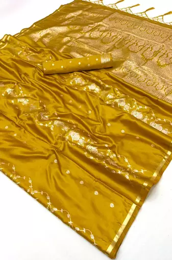 Gold satin handloom weaving saree