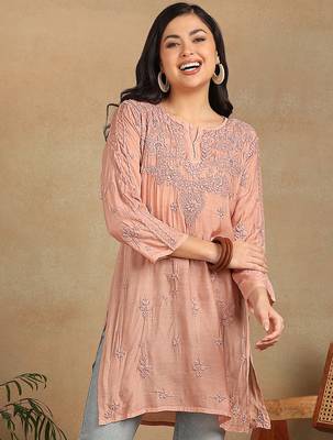 Women peach muqaish work muslin chikankari embroidered short kurtis 1