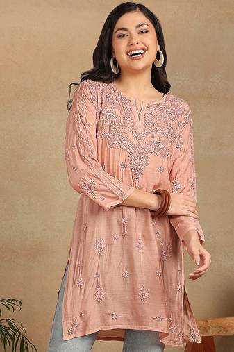 Women peach muqaish work muslin chikankari embroidered short kurtis