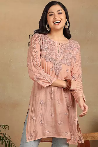 Women peach muqaish work muslin chikankari embroidered short kurtis