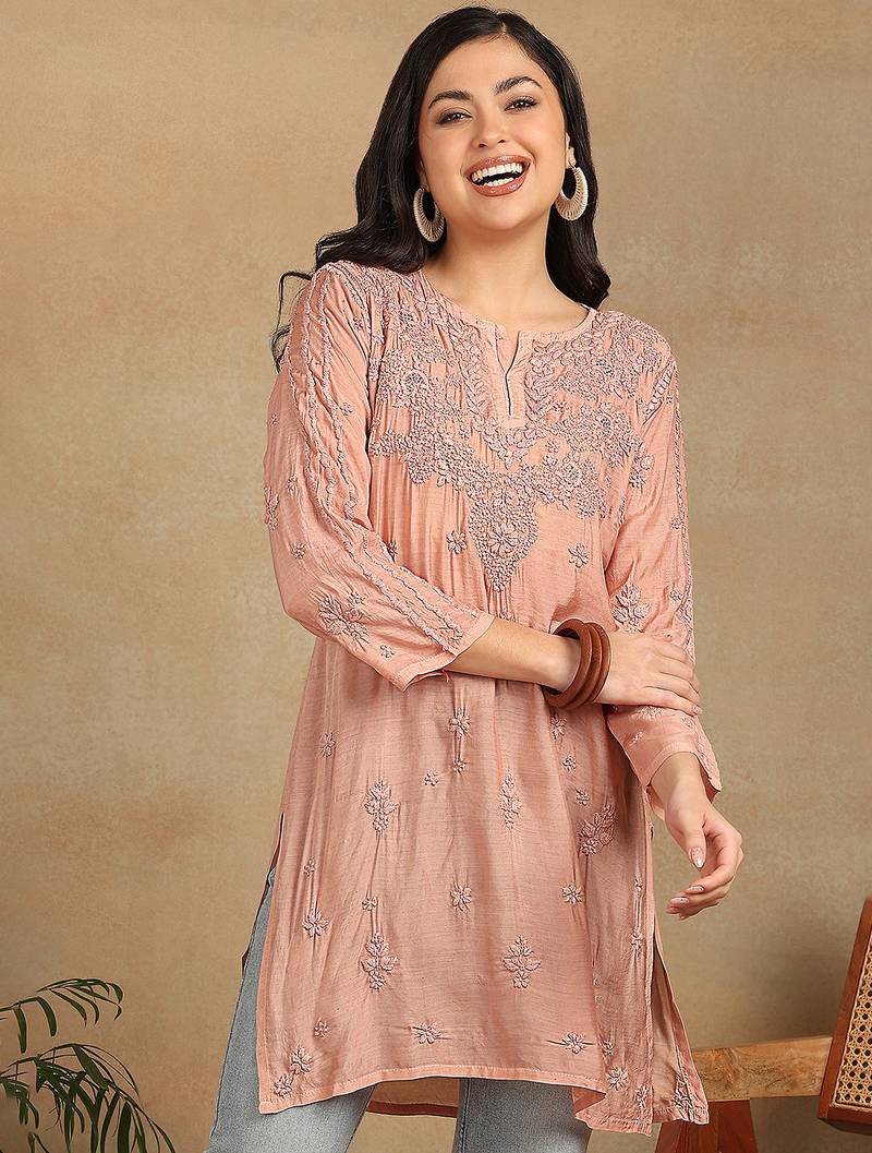 Women peach muqaish work muslin chikankari embroidered short kurtis