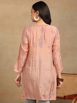 Women peach muqaish work muslin chikankari embroidered short kurtis 2