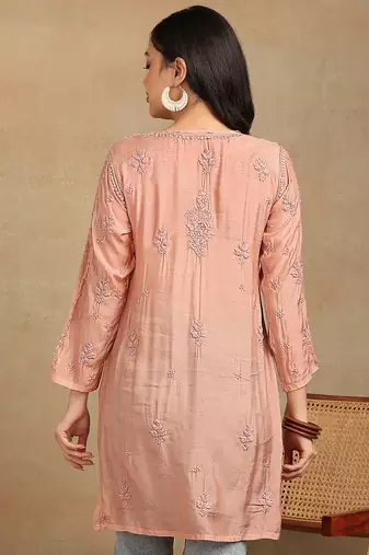 Women peach muqaish work muslin chikankari embroidered short kurtis