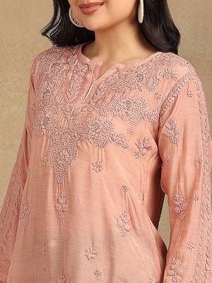 Women peach muqaish work muslin chikankari embroidered short kurtis 3