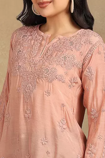 Women peach muqaish work muslin chikankari embroidered short kurtis