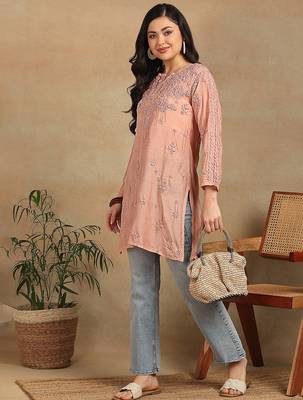Women peach muqaish work muslin chikankari embroidered short kurtis 4