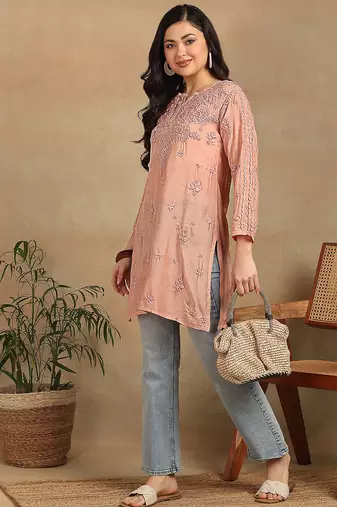 Women peach muqaish work muslin chikankari embroidered short kurtis