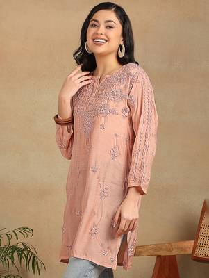 Women peach muqaish work muslin chikankari embroidered short kurtis 5