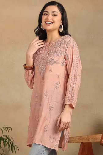 Women peach muqaish work muslin chikankari embroidered short kurtis