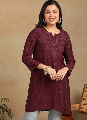 Women maroon muqaish work muslin chikankari embroidered short kurtis 1