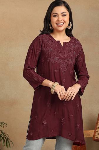 Women maroon muqaish work muslin chikankari embroidered short kurtis