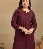 Women maroon muqaish work muslin chikankari embroidered short kurtis