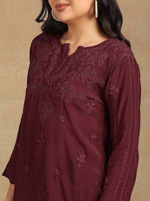 Women maroon muqaish work muslin chikankari embroidered short kurtis 2