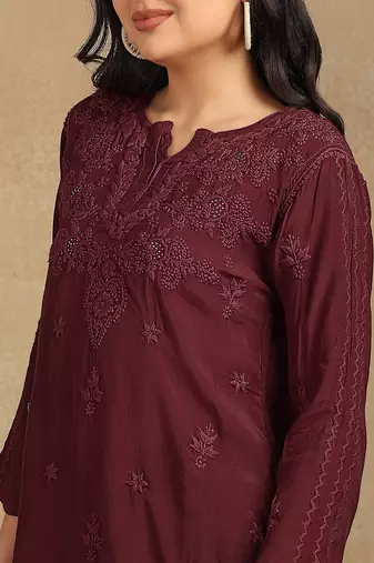 Women maroon muqaish work muslin chikankari embroidered short kurtis