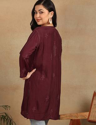 Women maroon muqaish work muslin chikankari embroidered short kurtis 3