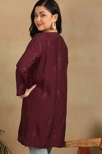 Women maroon muqaish work muslin chikankari embroidered short kurtis