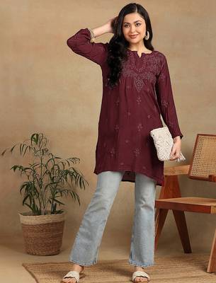 Women maroon muqaish work muslin chikankari embroidered short kurtis 4