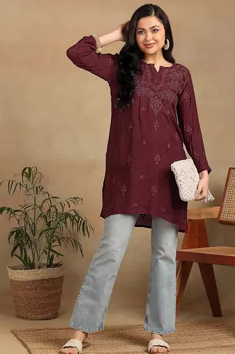 Women maroon muqaish work muslin chikankari embroidered short kurtis