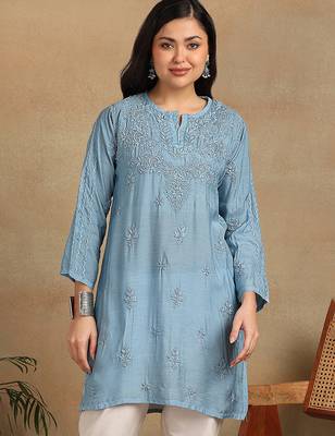 Women blue muqaish work muslin chikankari embroidered short kurtis 1