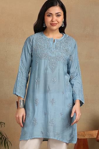 Women blue muqaish work muslin chikankari embroidered short kurtis