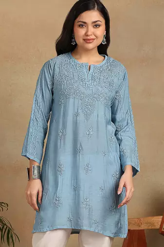 Women blue muqaish work muslin chikankari embroidered short kurtis