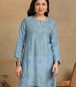 Women blue muqaish work muslin chikankari embroidered short kurtis