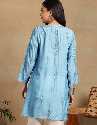 Women blue muqaish work muslin chikankari embroidered short kurtis 2