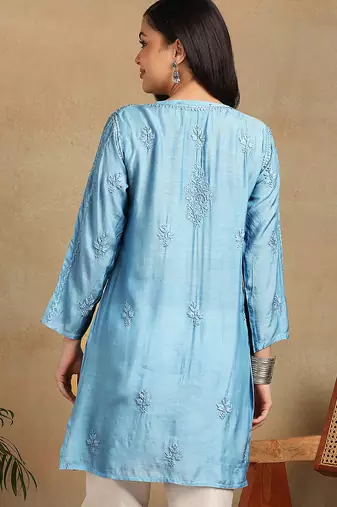 Women blue muqaish work muslin chikankari embroidered short kurtis