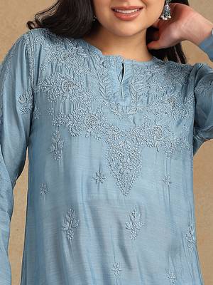Women blue muqaish work muslin chikankari embroidered short kurtis 3