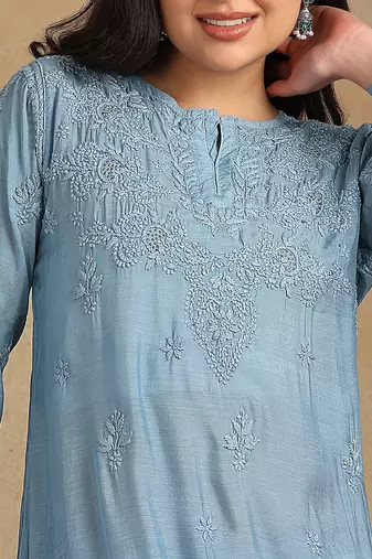 Women blue muqaish work muslin chikankari embroidered short kurtis