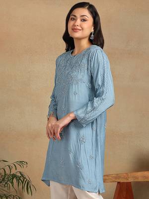 Women blue muqaish work muslin chikankari embroidered short kurtis 4