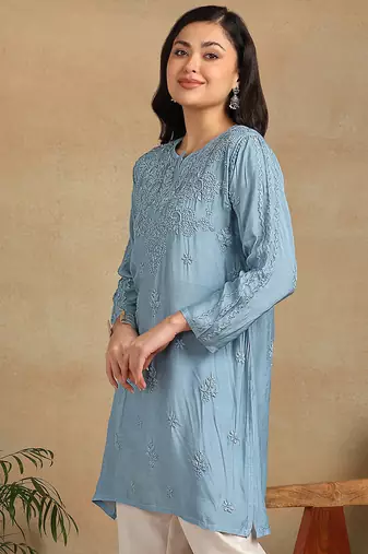 Women blue muqaish work muslin chikankari embroidered short kurtis