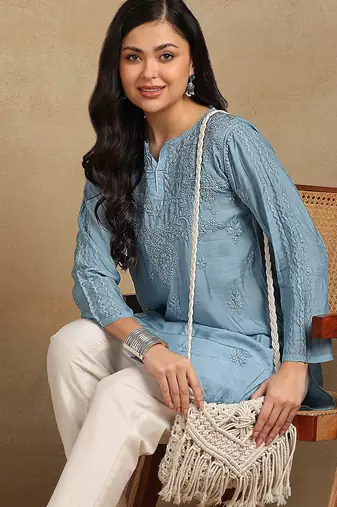 Women blue muqaish work muslin chikankari embroidered short kurtis