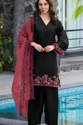Black and red embroidered satin semi-stitched pakistani salwar suit