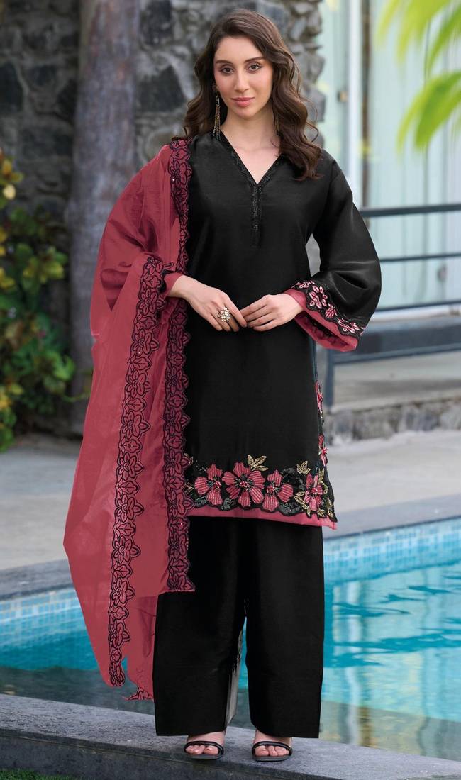 Black and red embroidered satin semi-stitched pakistani salwar suit