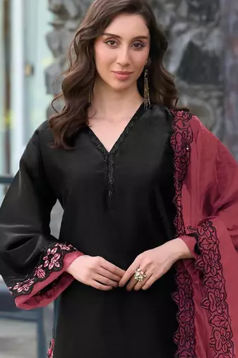 Black and red embroidered satin semi-stitched pakistani salwar suit