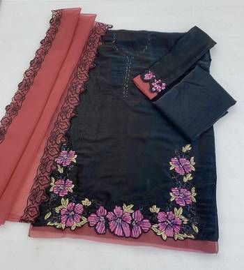 Black and red embroidered satin semi-stitched pakistani salwar suit 3
