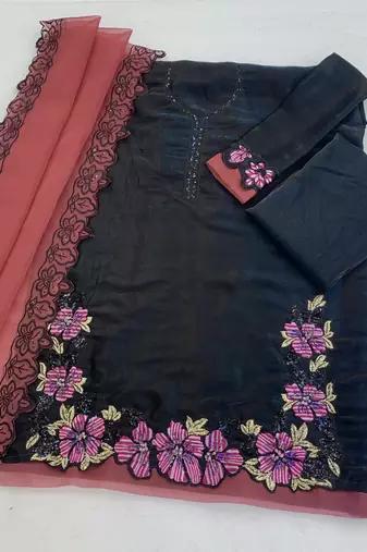 Black and red embroidered satin semi-stitched pakistani salwar suit