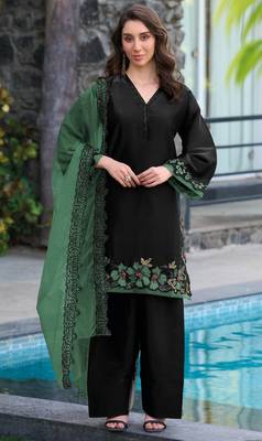 Black and green embroidered satin semi-stitched pakistani salwar suit 1