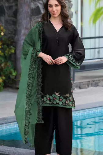 Black and green embroidered satin semi-stitched pakistani salwar suit