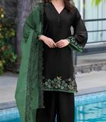 Black and green embroidered satin semi-stitched pakistani salwar suit
