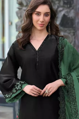 Black and green embroidered satin semi-stitched pakistani salwar suit