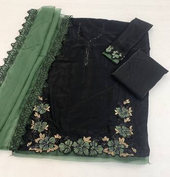 Black and green embroidered satin semi-stitched pakistani salwar suit 3