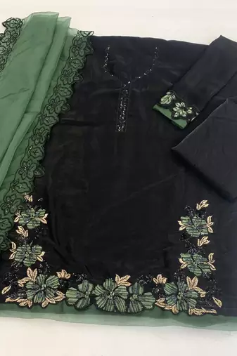 Black and green embroidered satin semi-stitched pakistani salwar suit