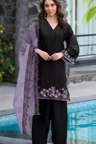 Black and purple embroidered satin semi-stitched pakistani salwar suit