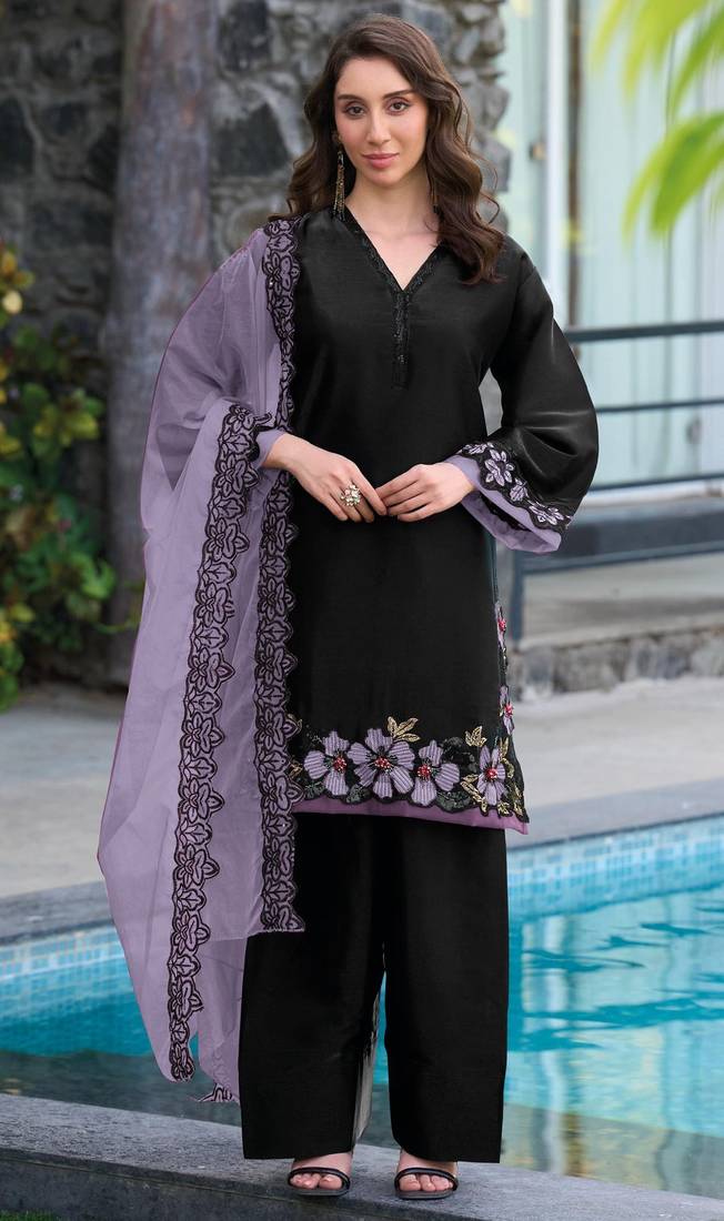 Black and purple embroidered satin semi-stitched pakistani salwar suit