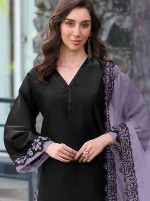 Black and purple embroidered satin semi-stitched pakistani salwar suit 2