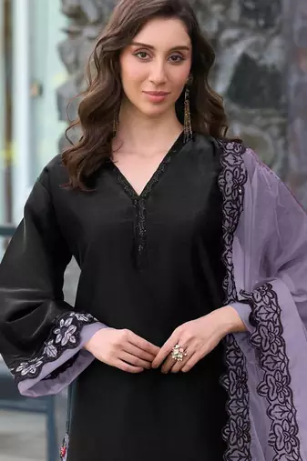 Black and purple embroidered satin semi-stitched pakistani salwar suit