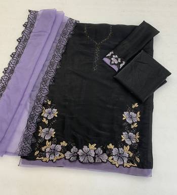 Black and purple embroidered satin semi-stitched pakistani salwar suit 3