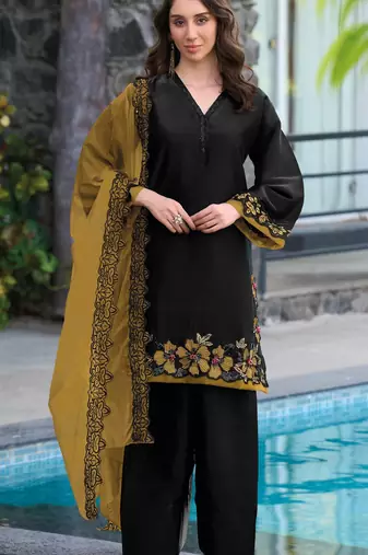 Black and yellow embroidered satin semi-stitched pakistani salwar suit